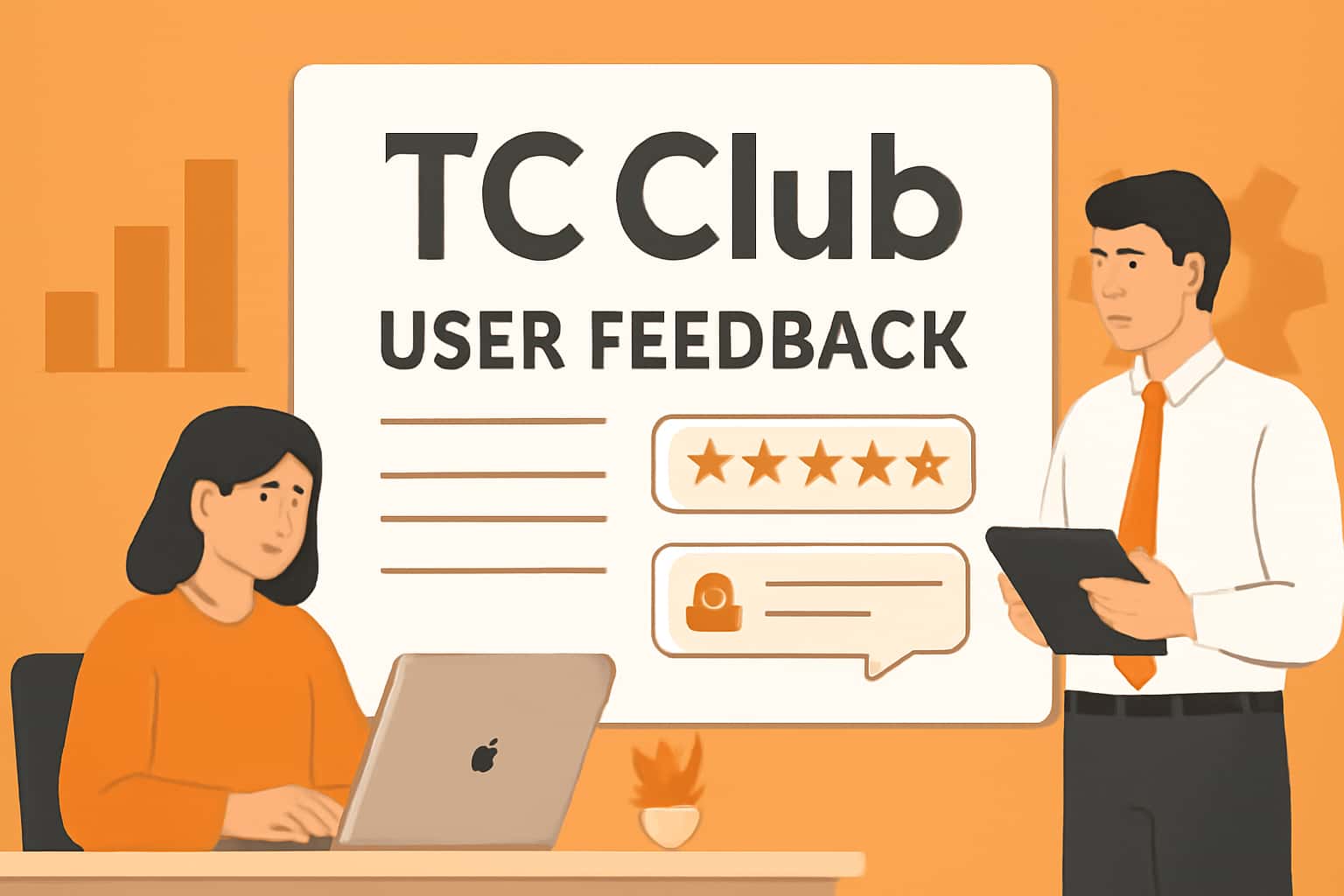 An informative scene depicting user feedback about the TC Club platform with the text 'TC Club' displayed prominently.